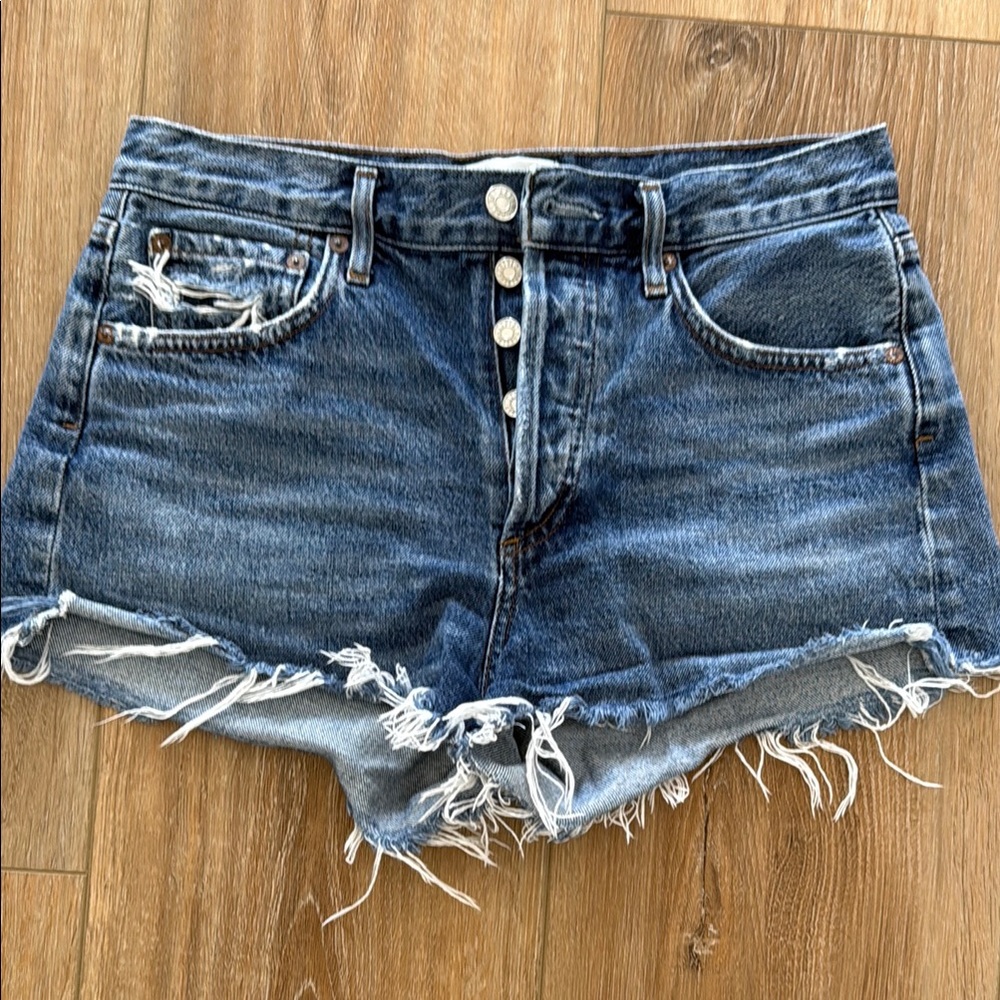 Agolde Dark Blue High-Rise Distressed Denim Shorts